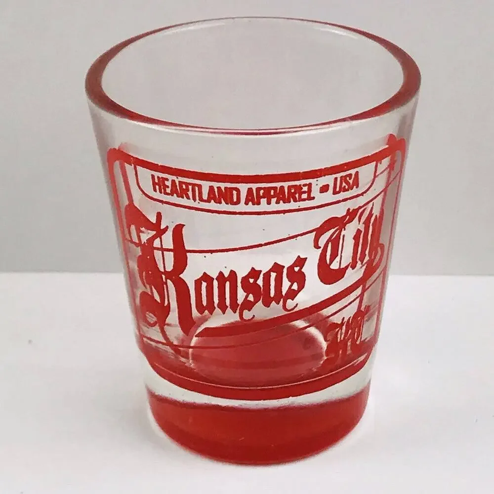 Heartland Apparel Kansas City Shot Glass Whiskey Souvenir Red Bottom RARE